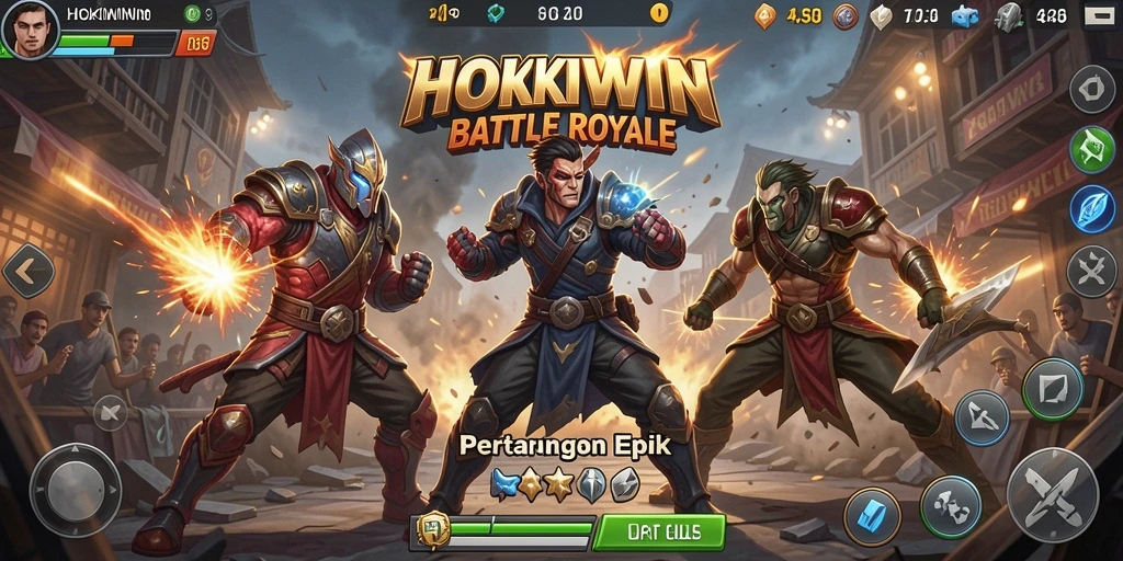Screenshot HOKIWIN menampilkan pertarungan sengit dalam gaya permainan Battle Royale.