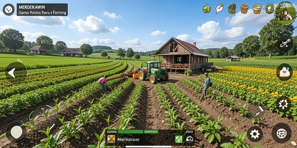 Screenshot gameplay MERDEKAWIN menampilkan aktivitas bertani yang seru.