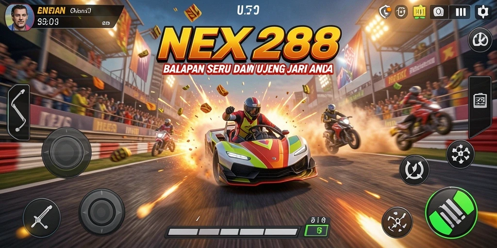 Tangkapan layar utama NEX288 menampilkan momen balapan yang intens dan mendebarkan.